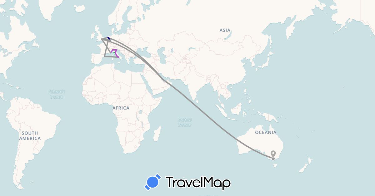 TravelMap itinerary: driving, bus, plane, train in Australia, Germany, Spain, France, United Kingdom, Italy, Netherlands, Qatar (Asia, Europe, Oceania)