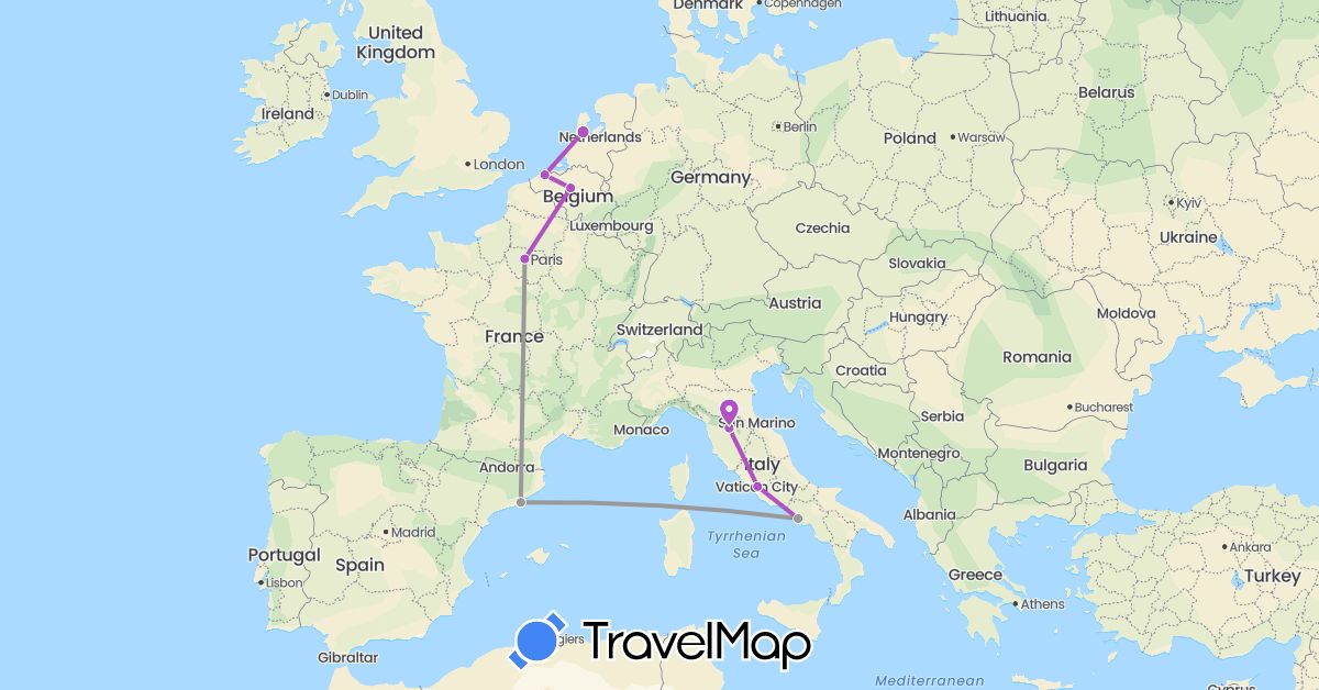 TravelMap itinerary: plane, train in Belgium, Spain, France, Italy, Netherlands (Europe)